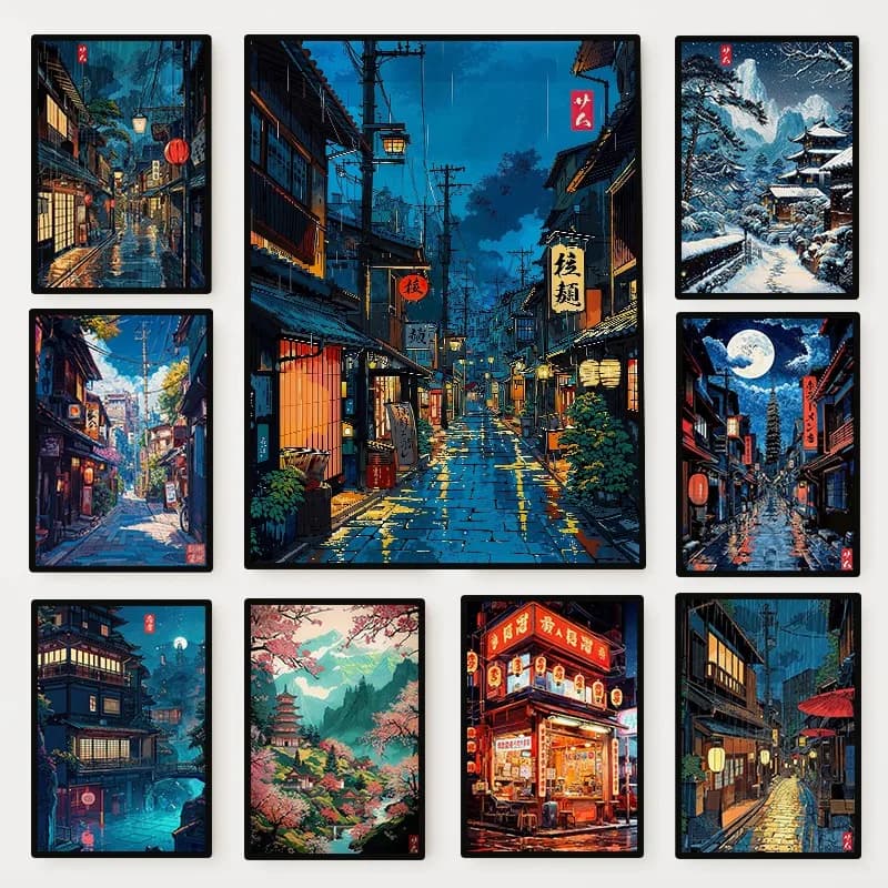 Japanese Cartoon Style Poster Ukiyo-e Illustration Anime City Street Landscape Canvas Painting Wall Art Living Room Home Deco