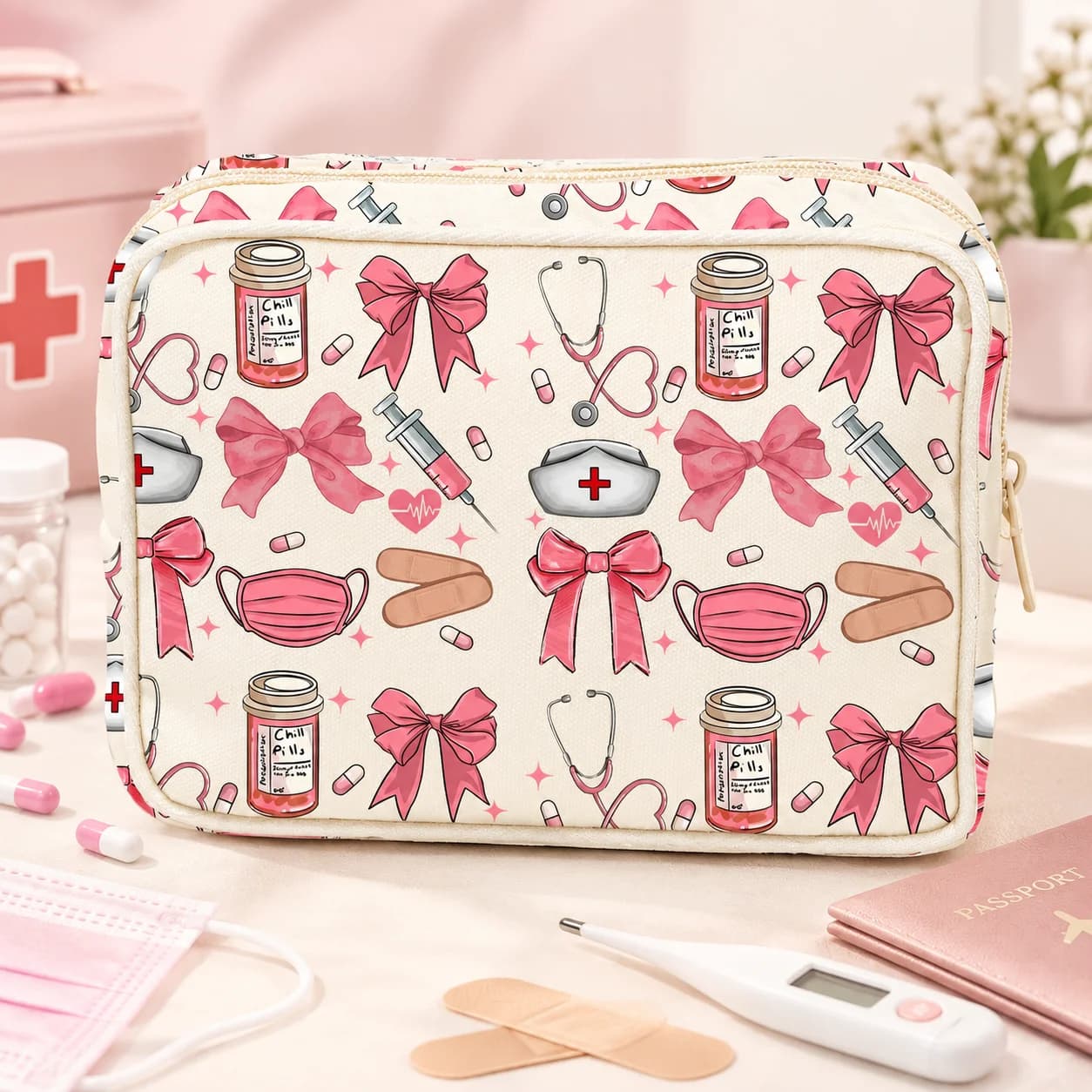 Portable Printed Medicine Bag Lightweight First Aid Organizer Travel Medication Storage Pouch Home Emergency Medical Kit Case