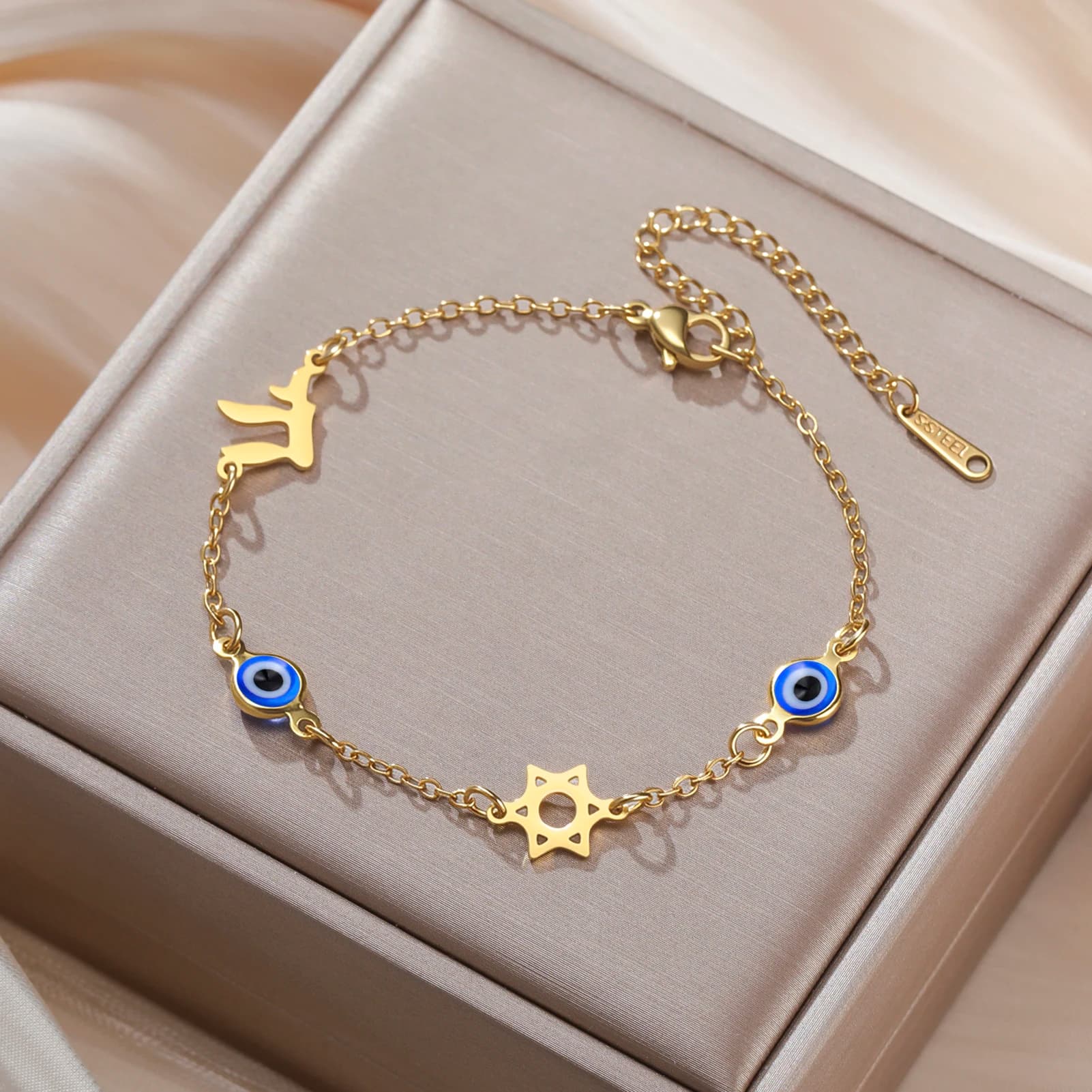 Skyrim Star of David Hebrew Chai Evil Eye Charm Bracelets for Women Stainless Steel Bracelet Amulet Hexagram Jewish Jewelry Gift