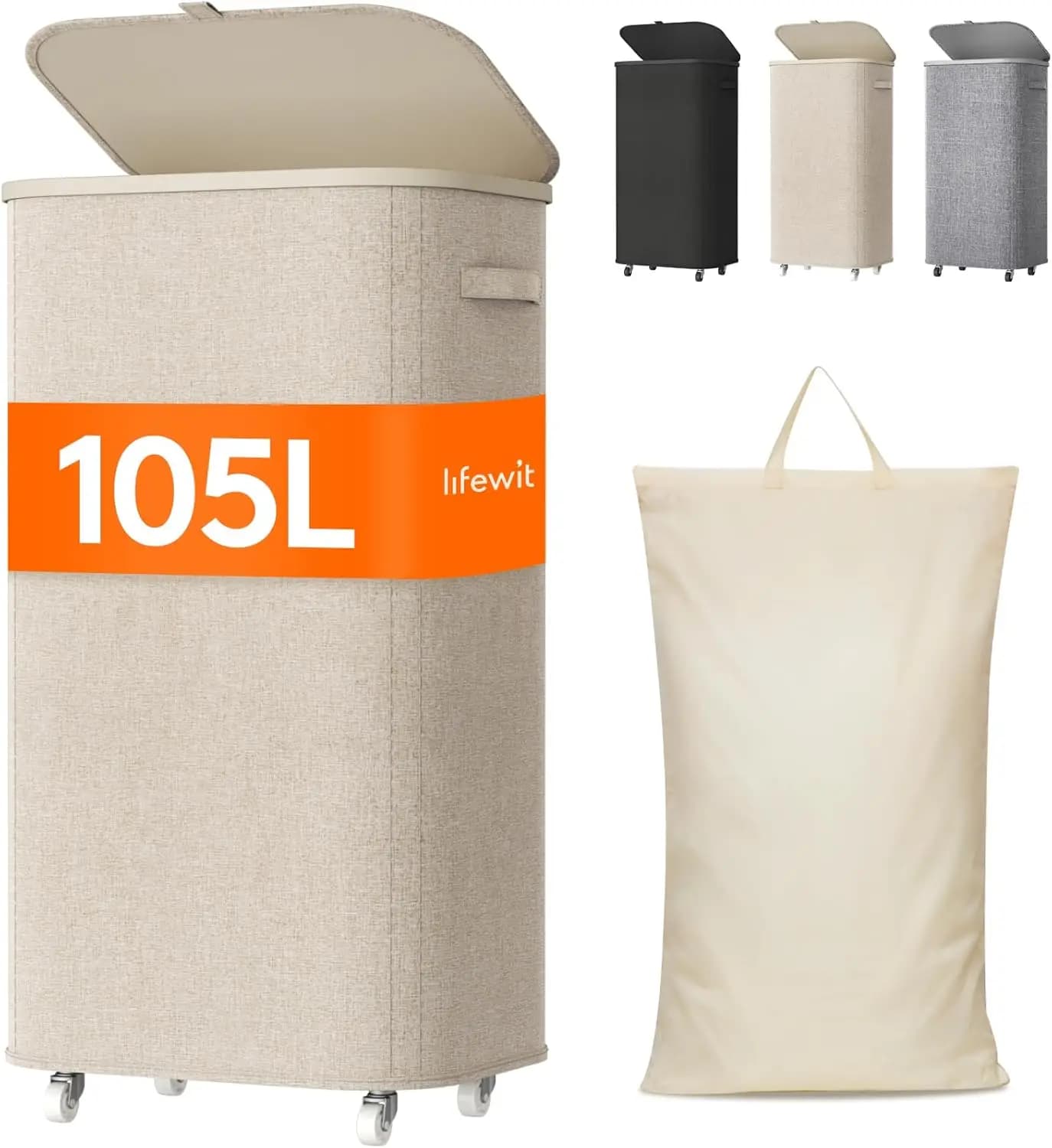 Cesto Portabiancheria Grande da 105L con Coperchio, Ruote e Sacco Rimovibile - Cesto Pieghevole con Ruote per Camera da Letto, Bagno, Dormitorio, Beige