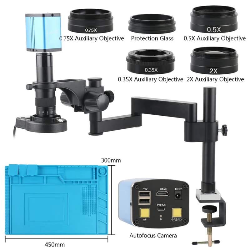 HDMI Type-c 1080P Misurazione messa a fuoco automatica Saldatura PCB Microscopio digitale Fotocamera Obiettivo zoom 180X 200X Braccio pieghevole Morsetto Supporto