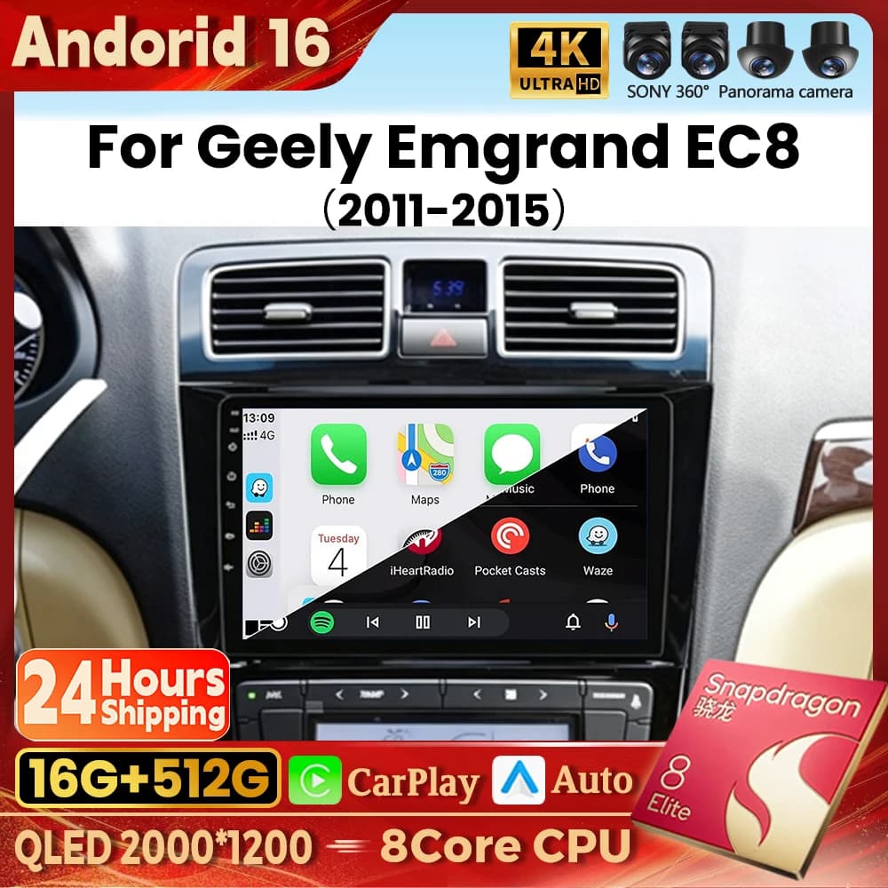 Android 16 Carplay Auto Qualcomm 2K QLED Screen Car Radio Player For Geely Emgrand EC8 2011 - 2015 GPS Wifi Multimedia 4G DSP BT