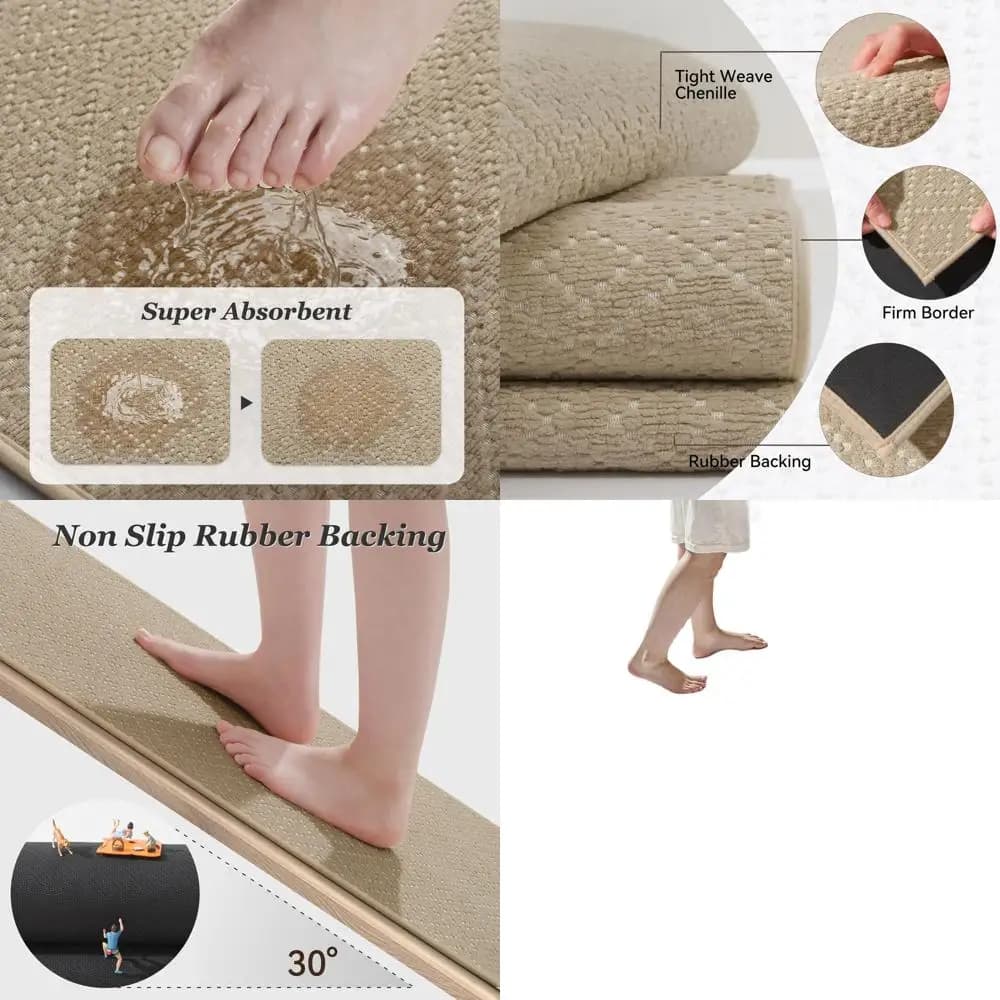 Tappetino da bagno in ciniglia resistente, assorbente e ad asciugatura rapida, schienale in gomma antiscivolo, adatto sotto la porta, beige, 24x70
