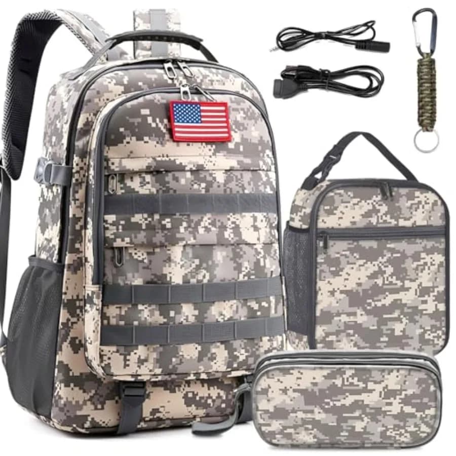 Zaino scolastico per ragazzi - Set di 4 zaini mimetici per ragazzi con set porta pranzo per adolescenti della scuola elementare e media - 18″ Camouflage Bookb