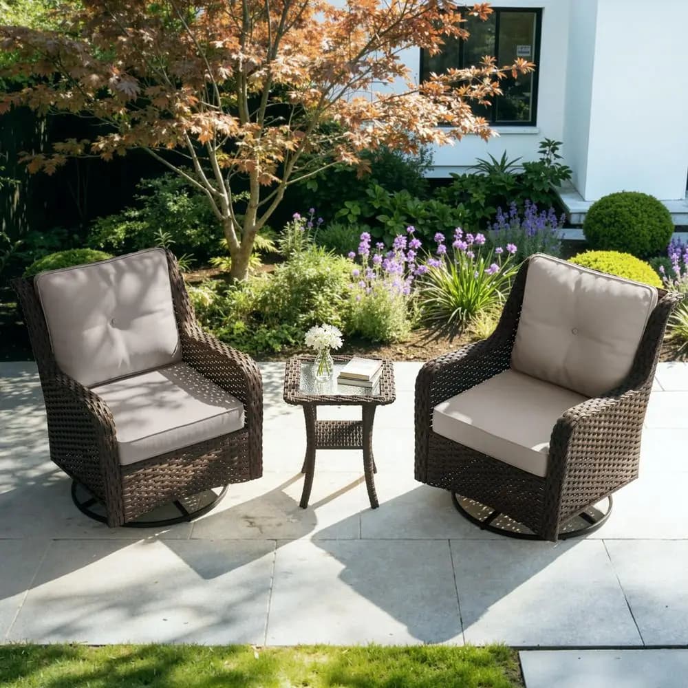 3 Pieces Patio Furniture Set,AllWeather Wicker High Back Outdoor Swivel Rocker Patio Chairs with Side Table amp Thick Cushions,