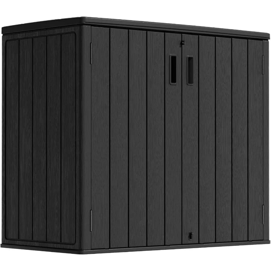 Outdoor storage shed for garden tools, lawn mower, bike, and trash can; double-wall HDPE plastic, waterproof, gray, horizontal