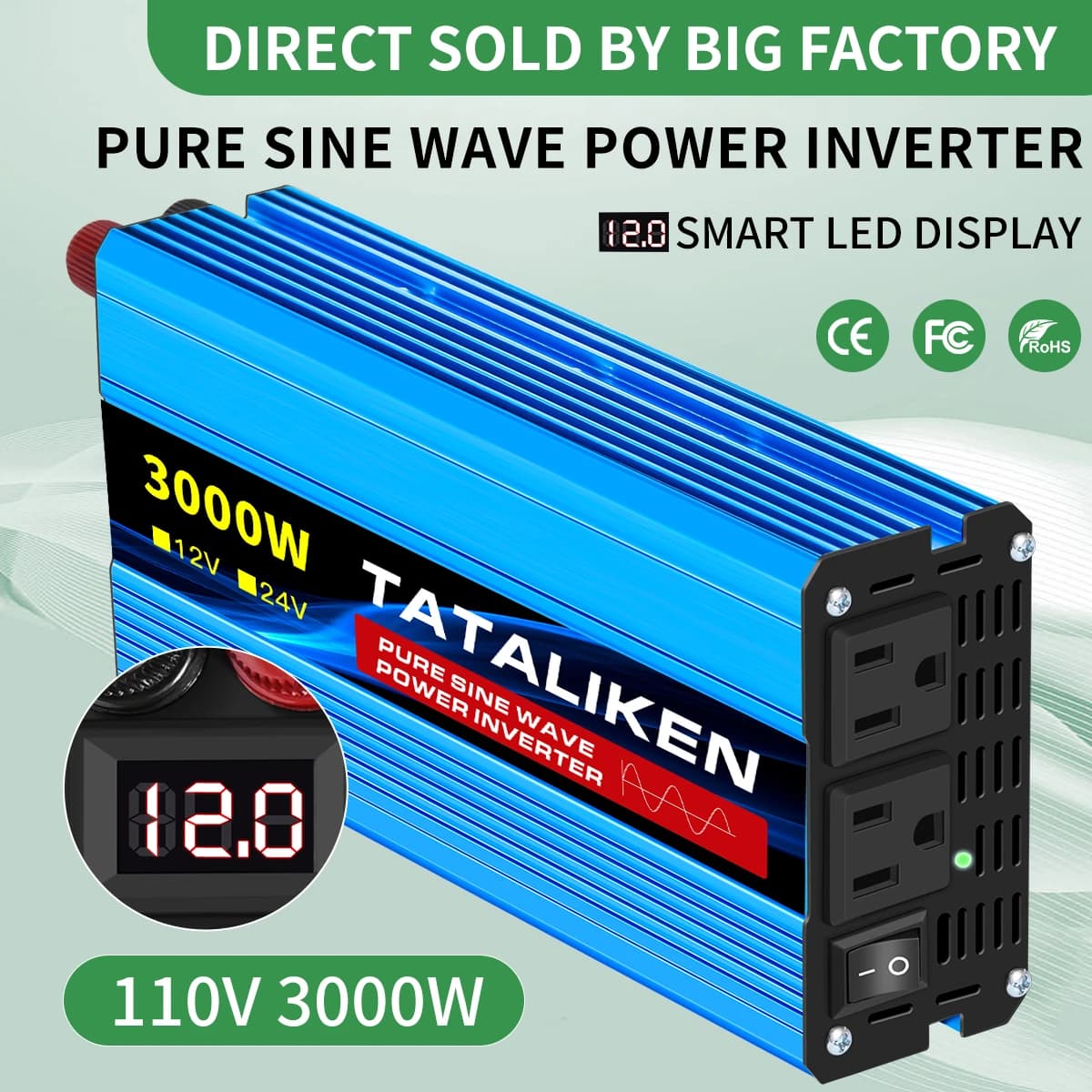 Inverter a Onda Sinusoidale Pura 1600W/2200W/3000W/4000W da DC 12V/24V a AC 110V 60Hz, Caricabatterie e Convertitore con Presa EU