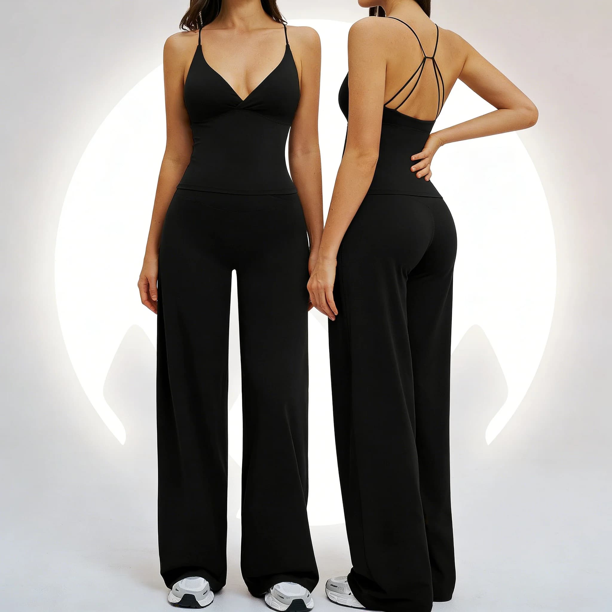 Women's Sports Complex 2 Pieces: Top with Neck Discovered + High Waist Pants and Gamba Larga, Outfit Breathable for Yoga and Gym