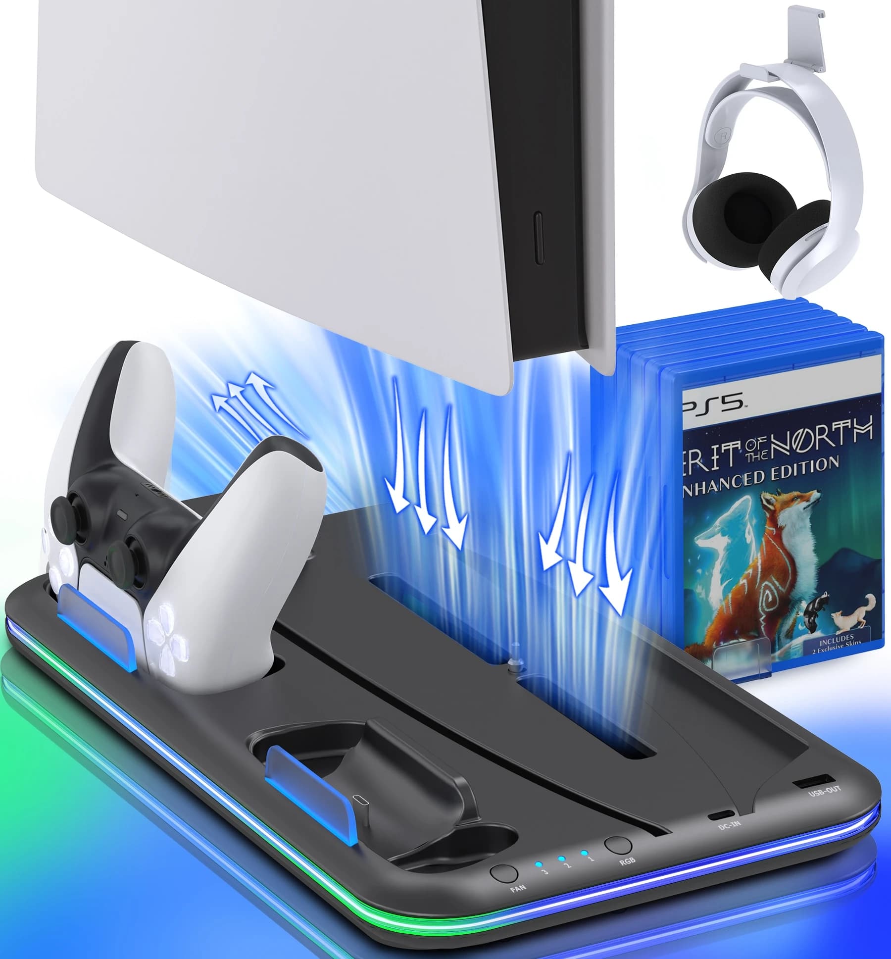 Aggiorna il supporto verticale di raffreddamento per la console PS5 con la stazione dock di ricarica rapida del doppio controller della luce RGB per gli accessori PS5