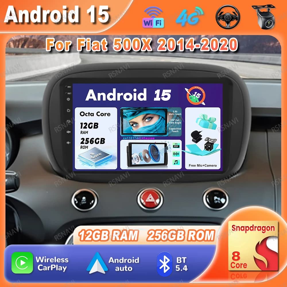 Autoradio Android 15 Per Fiat 500X 2014-2020 Qualcomm WIFI + 4G LTE Wireless AUTO Navigazione 9/10 Pollici DSP Snapdragon Carplay RDS