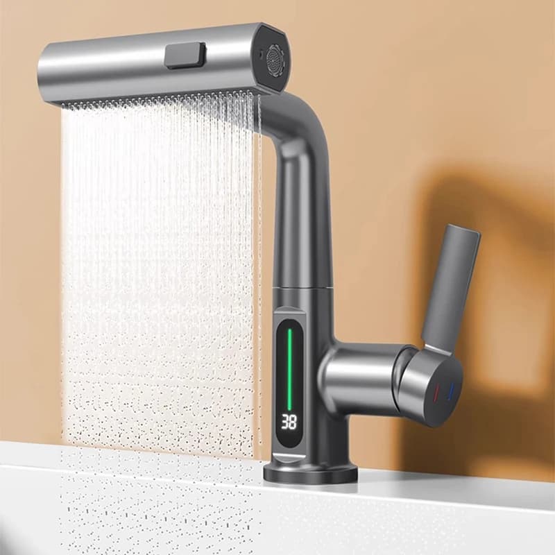 Cascata Temperatura Display digitale Rubinetto per lavabo o cucina Sollevare verso il basso Spruzzatore a flusso Miscelatore per lavello acqua calda fredda Rubinetto per lavaggio