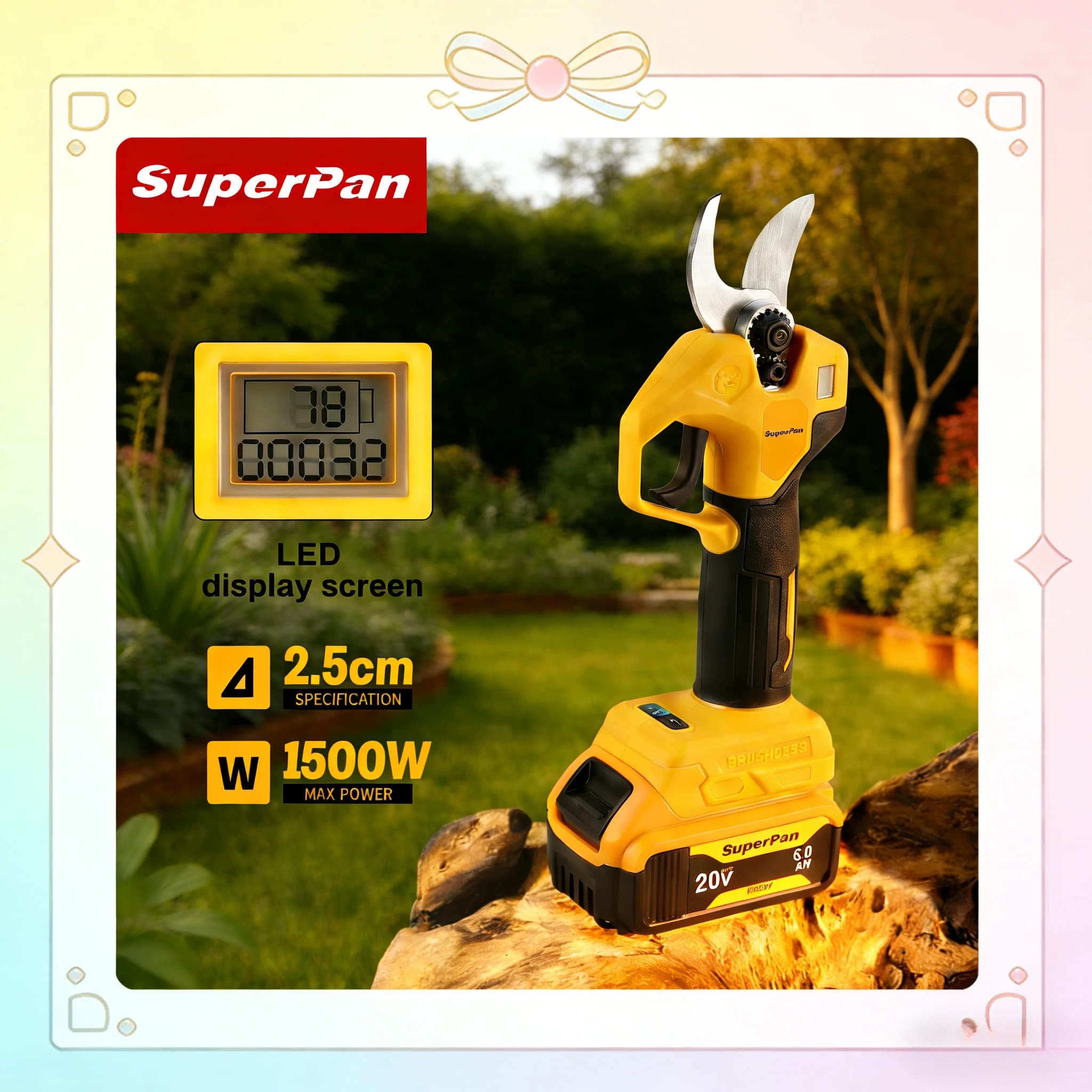 SuperPan battery pruning scissors, SK5 carbon steel tools, 2.5 cm cut for bamboo pruning, compatible with DeWalt 20V battery.