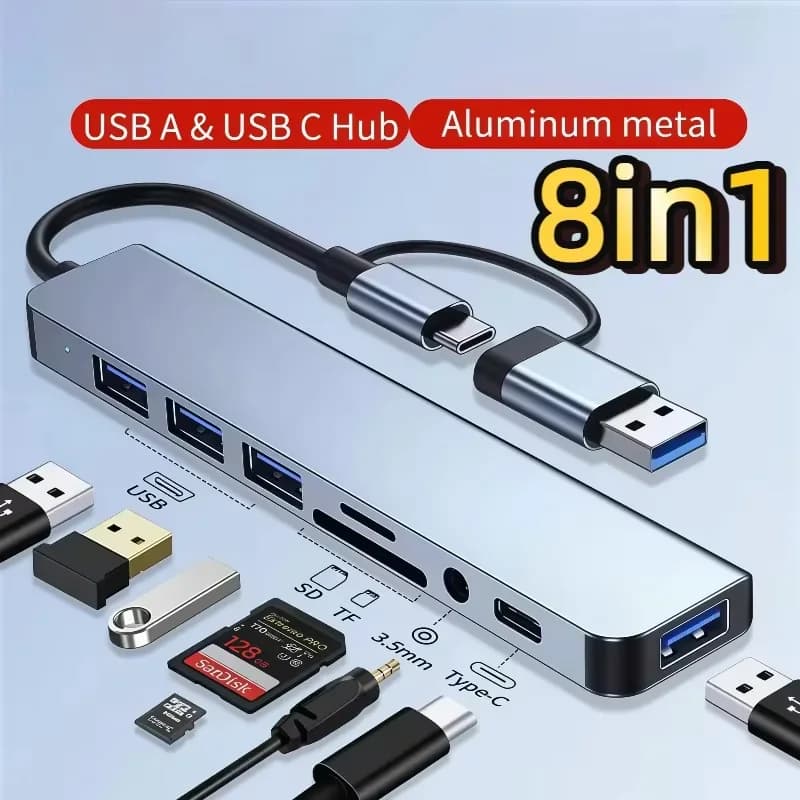 Hub USB C 8-in-1 Lenovo con Adattatore Jack Audio e Lettore Schede Micro SD per Laptop, Tablet e Telefono