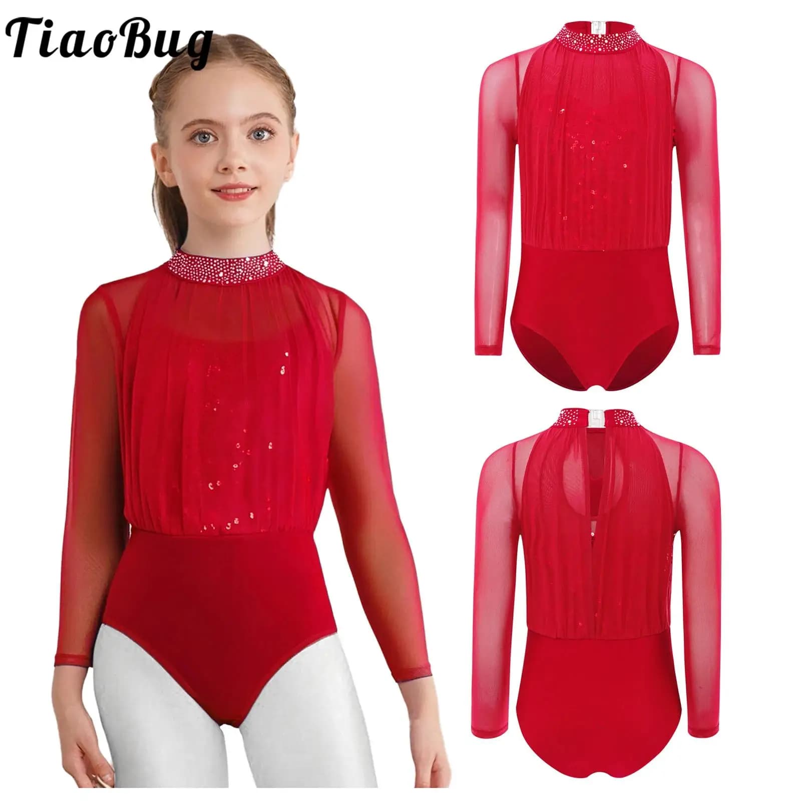 Body per bambina, pattinaggio di figura, danza moderna, manica lunga, buco della serratura, retro, paillettes, strass, body in rete trasparente