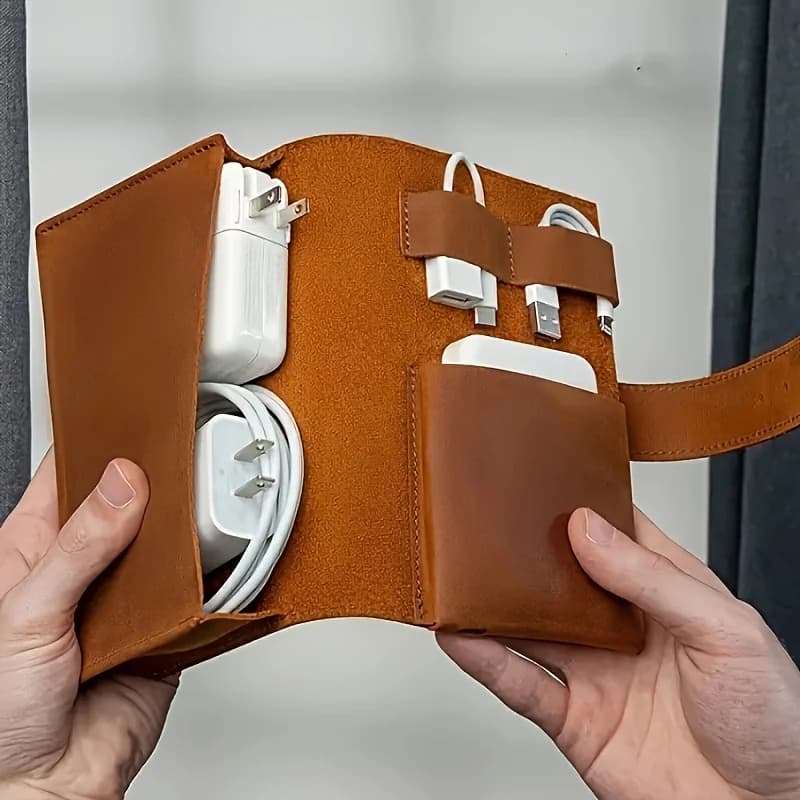 Organizer multi-scomparto in pelle PU - Custodia portatile per accessori tecnologici e scolastici per cavi, caricabatterie, penne - Contenitore da viaggio resistente