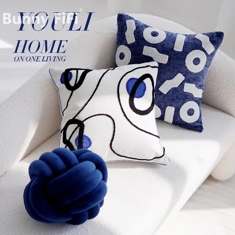 Luxury modern pillow lining with abstract blue eyes, soft velvet, Nordic style, decorative for sofa, bed and living room