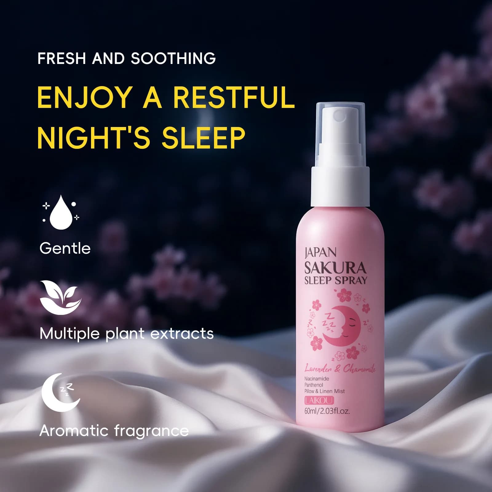 Spray per Cuscini al Profumo di Fiori di Ciliegio 60ml Formato da Viaggio, Nebulizzatore Calmante e Rilassante per il Sonno, Aromaterapia per la Camera da Letto, Aiuta a Favorire il Relax