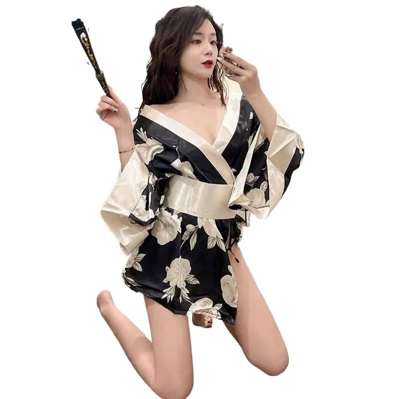 Japanese Kimono Sexy Cosplay Outfit for Women Traditional Style Robe Yukata Sakura Costume Pajamas Soft Silk Belt Lingerie Porno