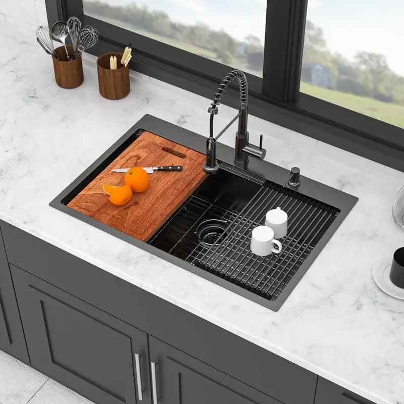 Lavello da cucina nero canna di fucile da 36" con rubinetto estraibile e dispenser di sapone - Ciotola singola 36 x 22 x 9 pollici 16