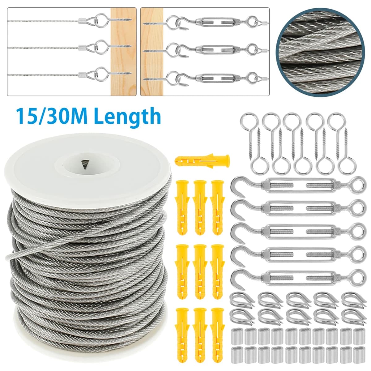Kit Cavo in Acciaio Inox 15/30m, Filo Metallico Resistente per Giardino, Ringhiera Balcone, Recinzione Agricola, Tenda Esterna, Rotolo Rivestito in PVC 304