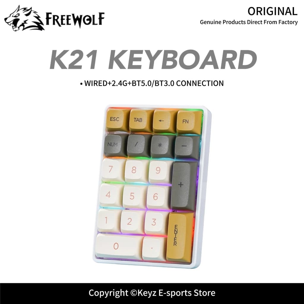 K21 Tri-mode Mechanical Numeric Keypad FREEWOLF Hot Swappable PBT Keycaps RGB Backlight Mini Numpad for Office Financial