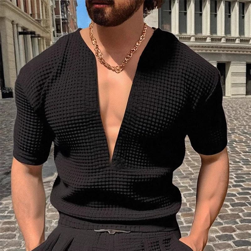 T-shirt a maniche corte con scollo a V nuova estate Waffle T-shirt comoda Top a maniche corte da uomo slim traspirante moda athleisure