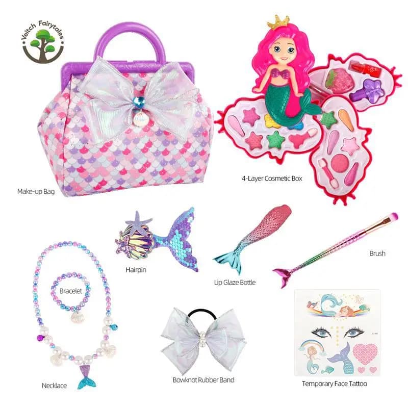 Set of toys for makeup princess mermaid Fashion set for girls Birthday party Dress Up Umbrella Blush Necklace House Game House Toy Gift