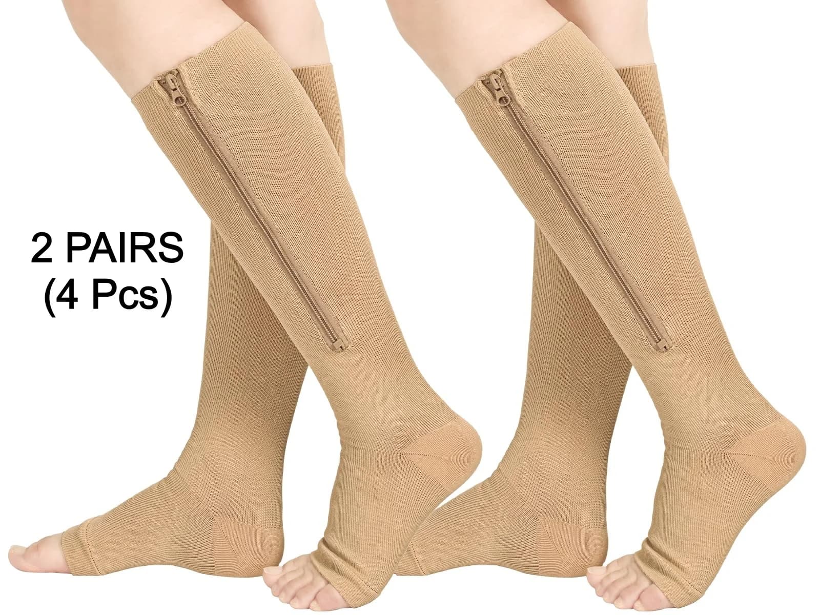 2 Paia di Calze a Compressione con Cerniera 15-20 mmHg, Calze a Compressione al Ginocchio con Punta Aperta per Vene Varicose ed Edema