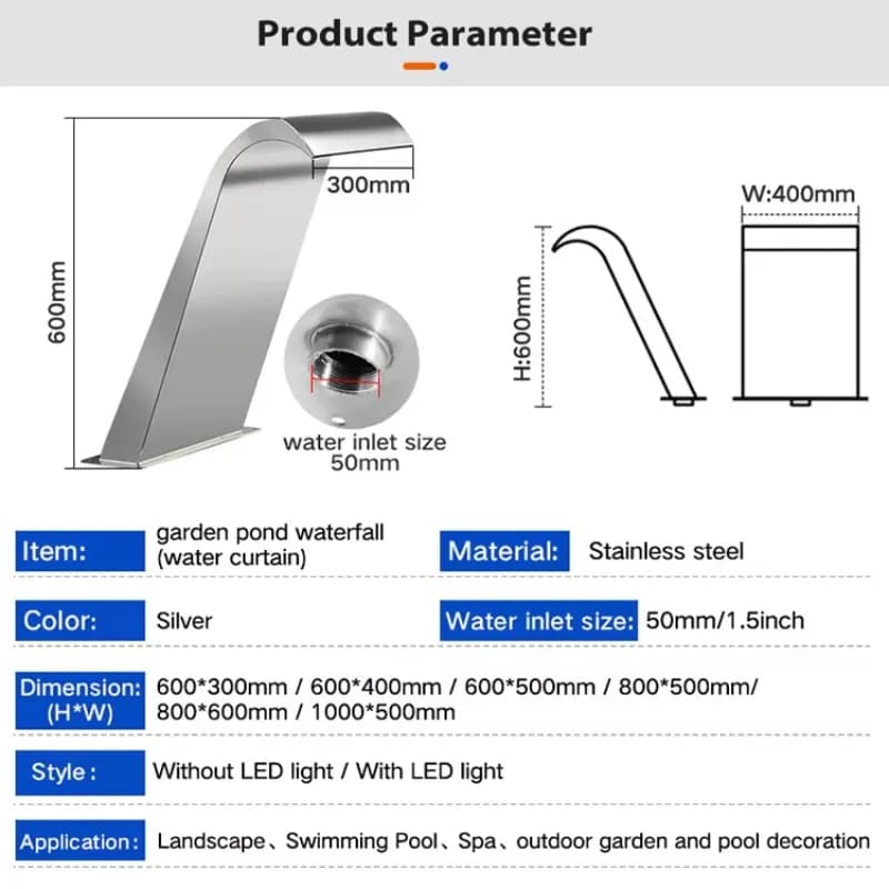 304 Stainless Steel Pool Fountain Shower Arched Cascade Water Curtain for Swimming Pool Swimming Accessories