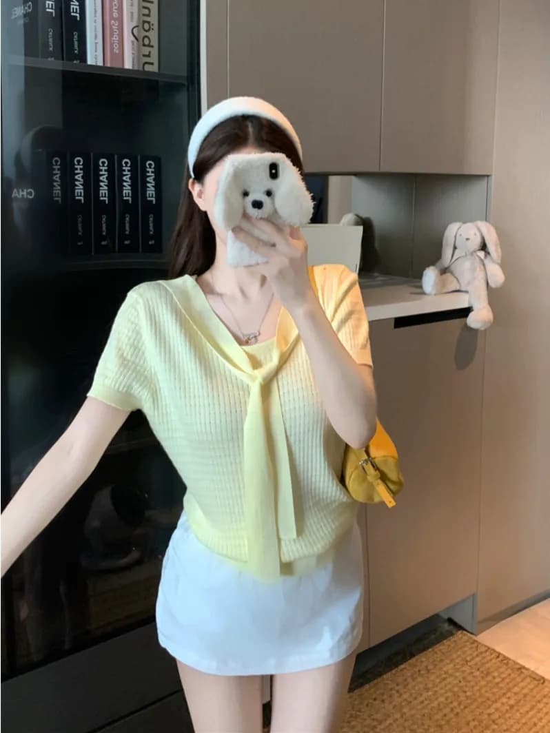 Korean Style Short Sleeve Knitted Top with Shawl Belted Fake Two-Piece Women's Summer New Fashion Age-Defying Super Beautiful