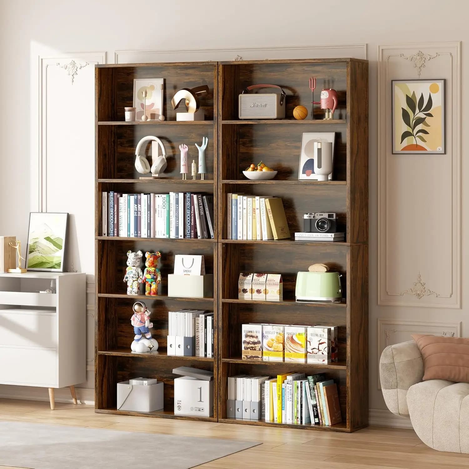 Libreria e scaffale aperti a 6 livelli (2 pezzi), scaffali espositivi in legno alti 180 cm, set di mobili organizer da terra per casa, ufficio, soggiorno, camera da letto, marrone rustico
