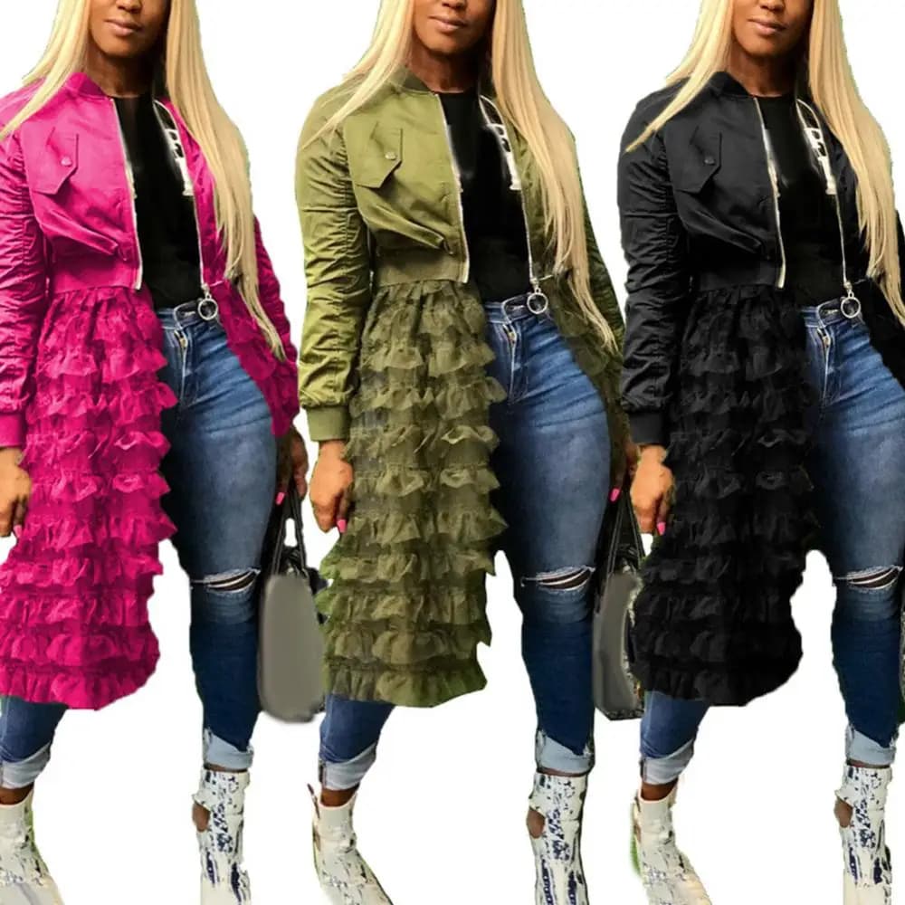 Elegant Lacework Mesh Midi Dress Coat Vintge Mesh Flower Edge Trench Coat Lace Skirt Mid Length Jacket Women Windbreaker