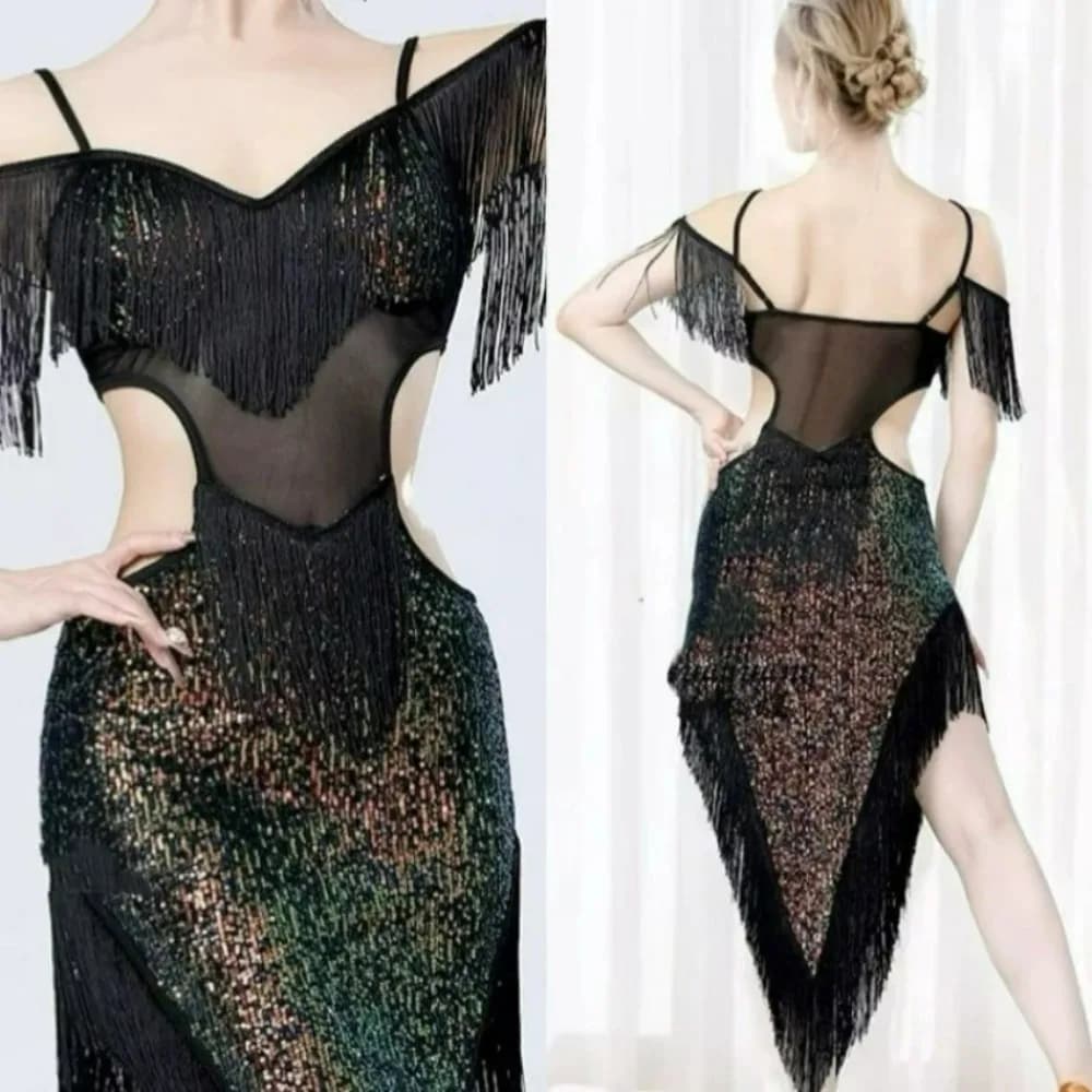 Irregular Hem Latin Dance Dress Women Sparkly Fringe Stage Performance Belly Competition Skirt