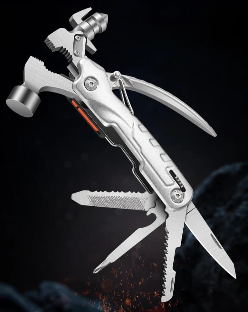 Martello per la lavorazione del legno all'aperto con torcia elettrica Pinza da campeggio Martello EDC per sollevamento unghie portatile multifunzionale in acciaio inossidabile