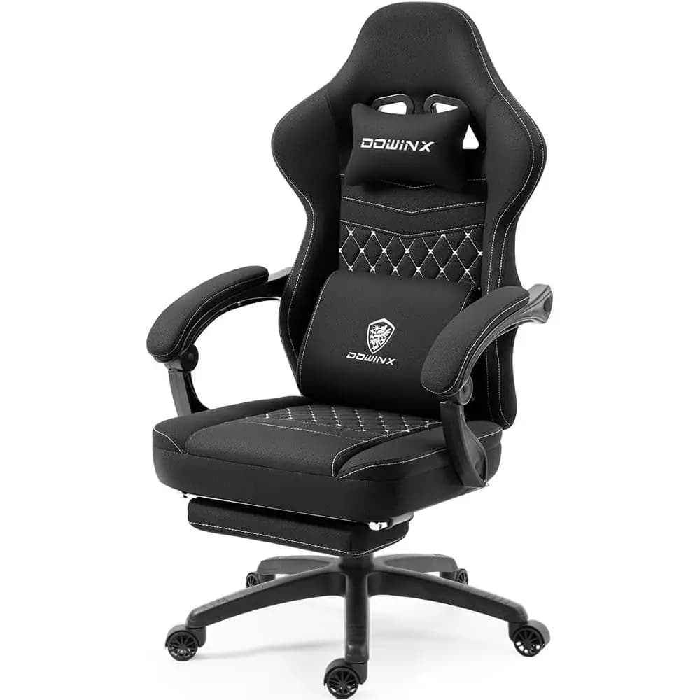 Sedia da Gaming in Tessuto Traspirante con Cuscino in Gel e Vano Portaoggetti, Comoda Sedia Ergonomica da Computer con Poggiapiedi, Nera