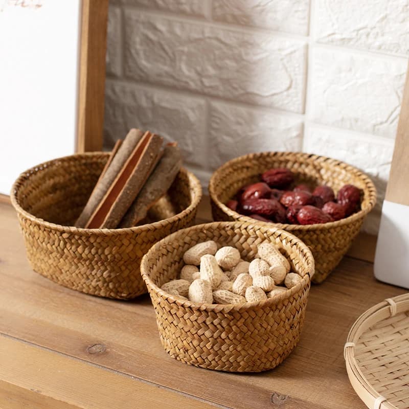 Handcrafted Grass Woven Kitchen Desktop Spice Storage Box Entrance Small Items Organizer Basket Japanese Style Utility Tray