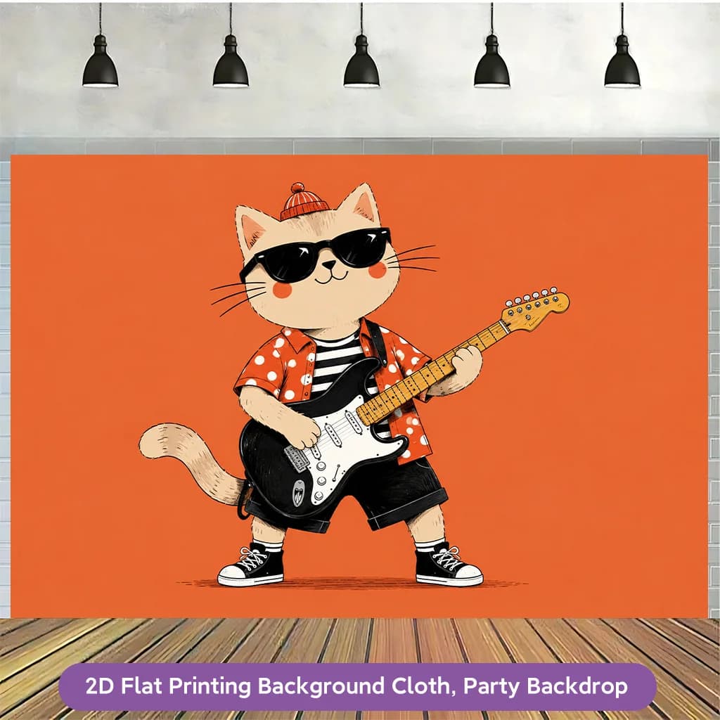 Cute Cartoon Cat Rock Star Guitar Tapestry Backdrop Wall Hanging Funny Pop Culture Music Festival Party Decor Aesthetic Room Art