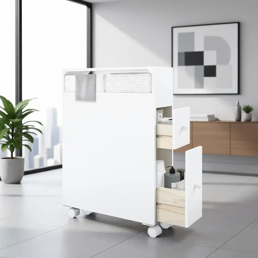 Double door bathroom cabinet with shelves, toilet paper holder and side organizer