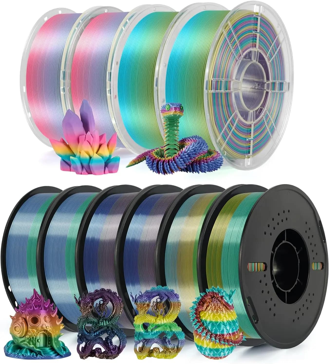 Confezione da 10 kg di Filamento PLA Rainbow, 10 Bobine da 1,75 mm Multicolore Sfumato per Stampanti 3D FDM, Precisione ±0,03 mm