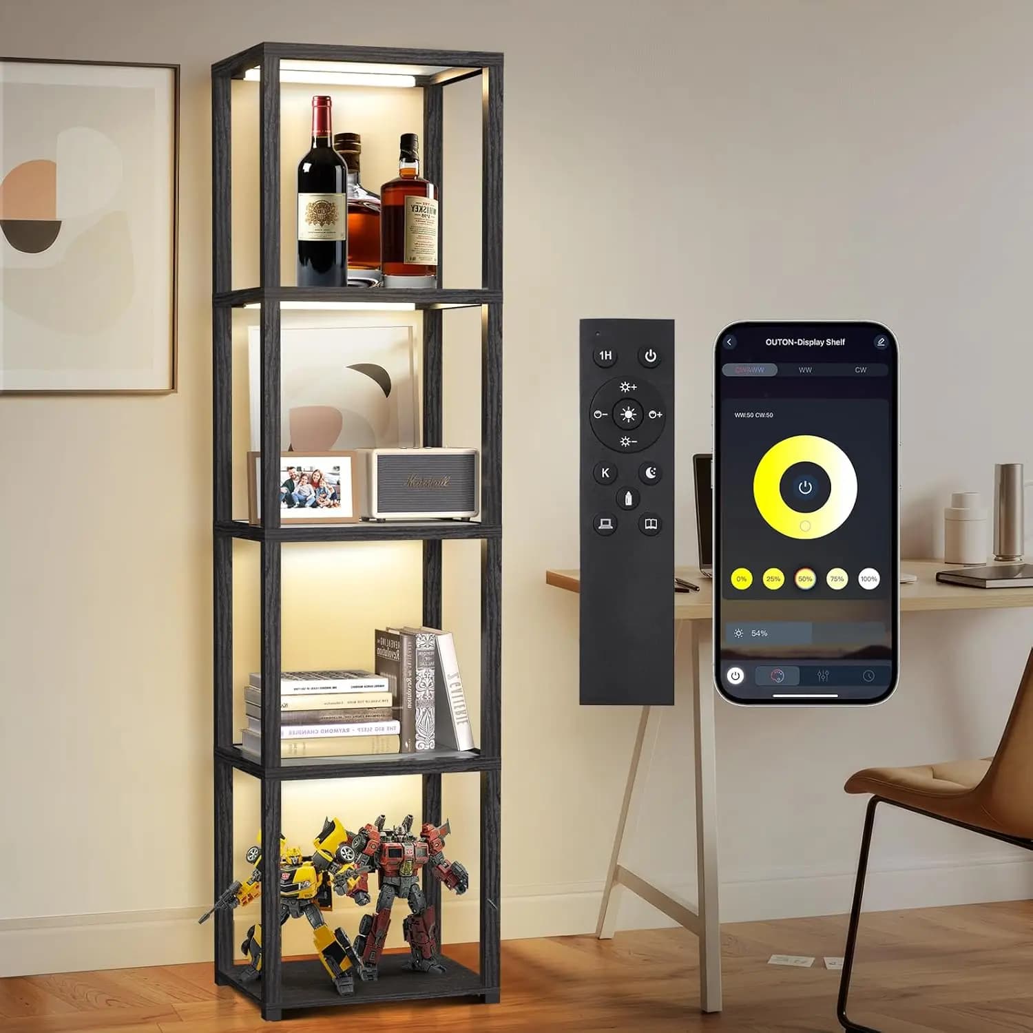 Vetrina in Vetro da 67 Pollici, Mobile per Collezioni con Controllo Remoto e App, Libreria Aperta a 5 Ripiani per Soggiorno, Camera da Letto, Ufficio