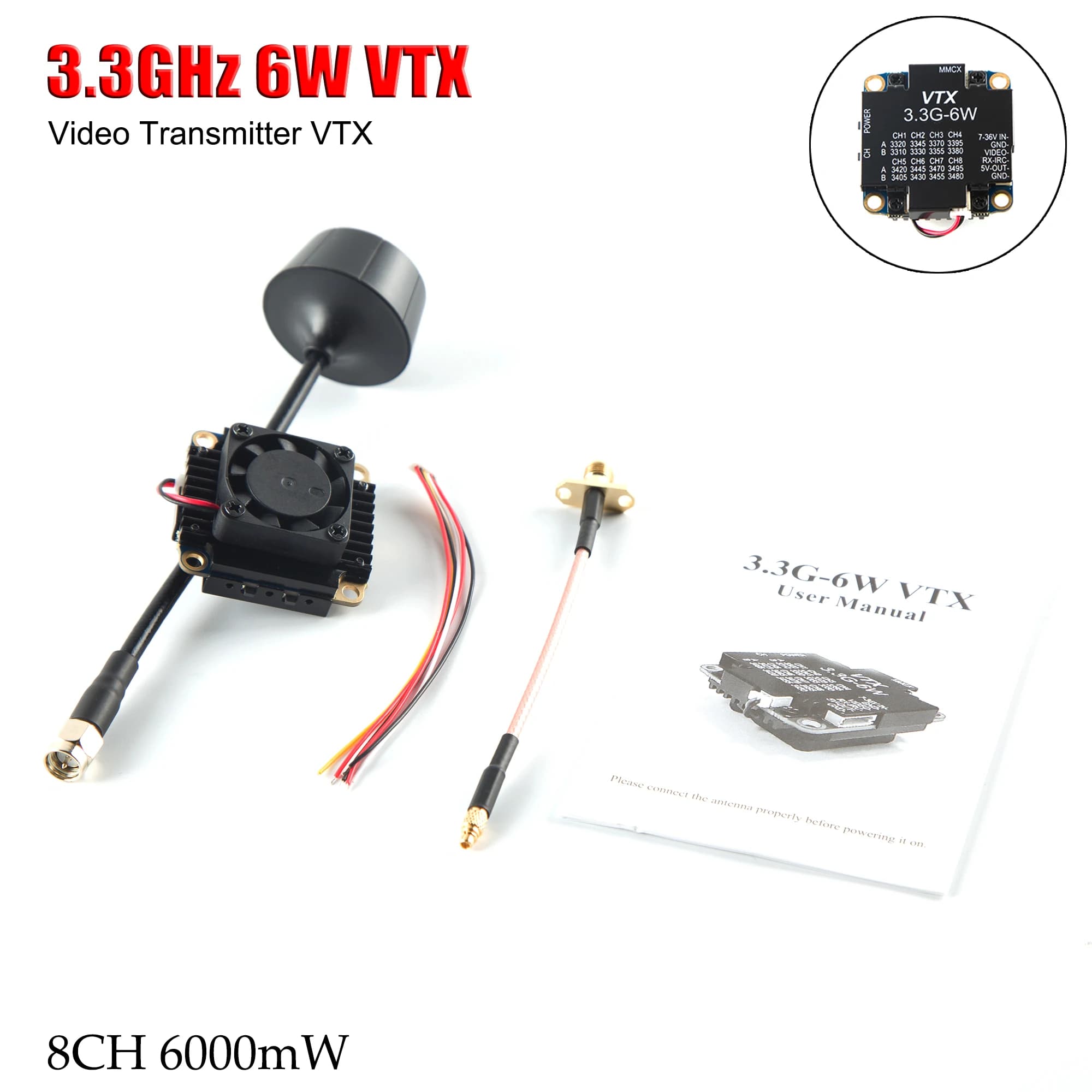 Trasmettitore Video FPV 3.3G 6W VTX 8CH 6000mW con Protocollo di Controllo IRC Tramp per Droni da Corsa FPV RC e Accessori Fai-da-Te