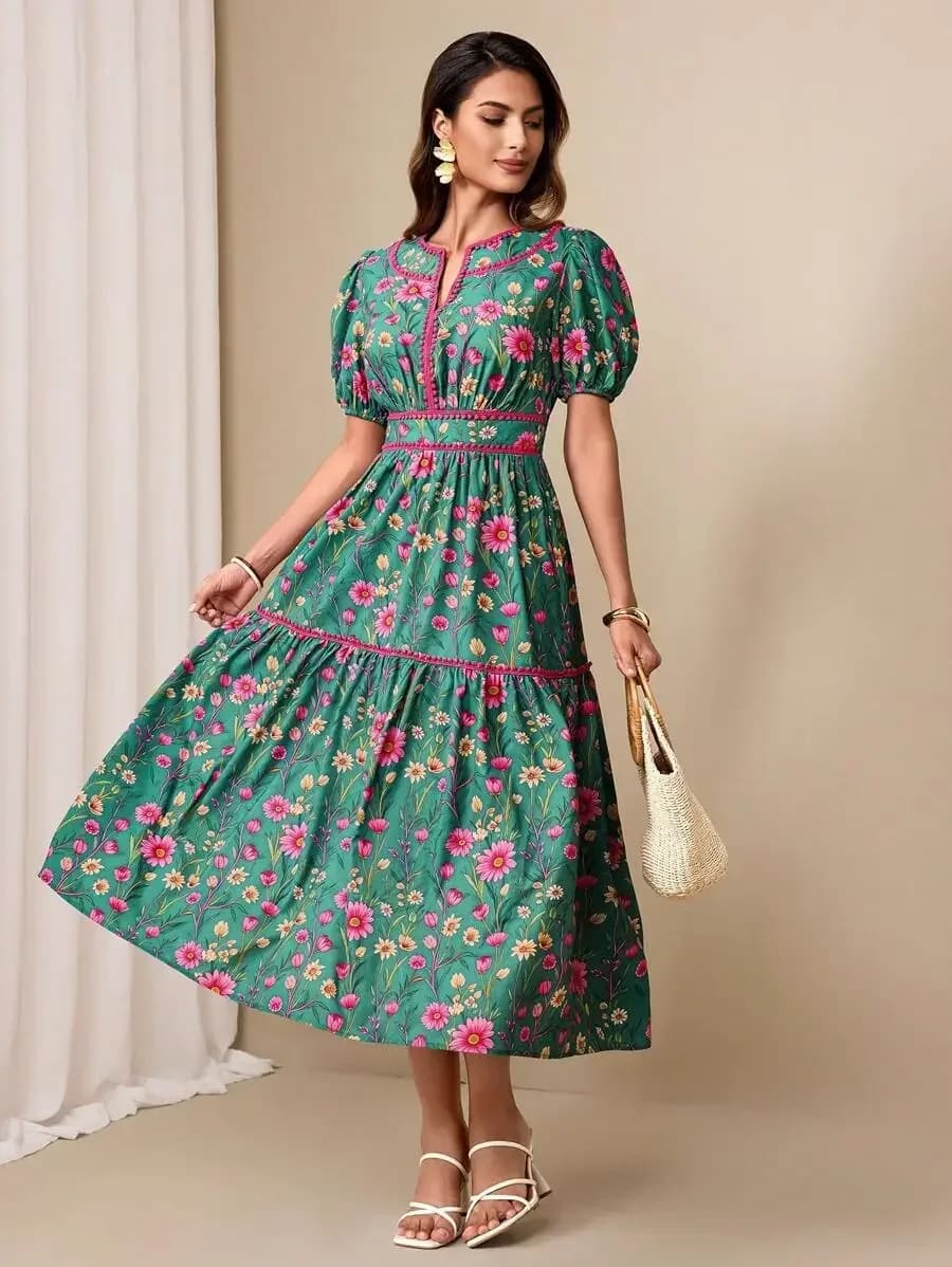 Abito midi da donna con stampa floreale, maniche a sbuffo e gonna a strati