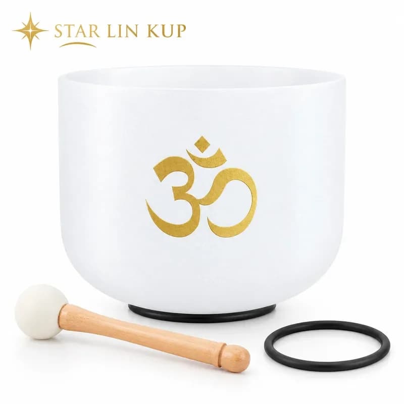 STAR LIN KUP 8 Inch OM Frosted Quartz Crystal Singing Bowl for Sound Healing Meditation Yoga Chakra Balance with Mallet