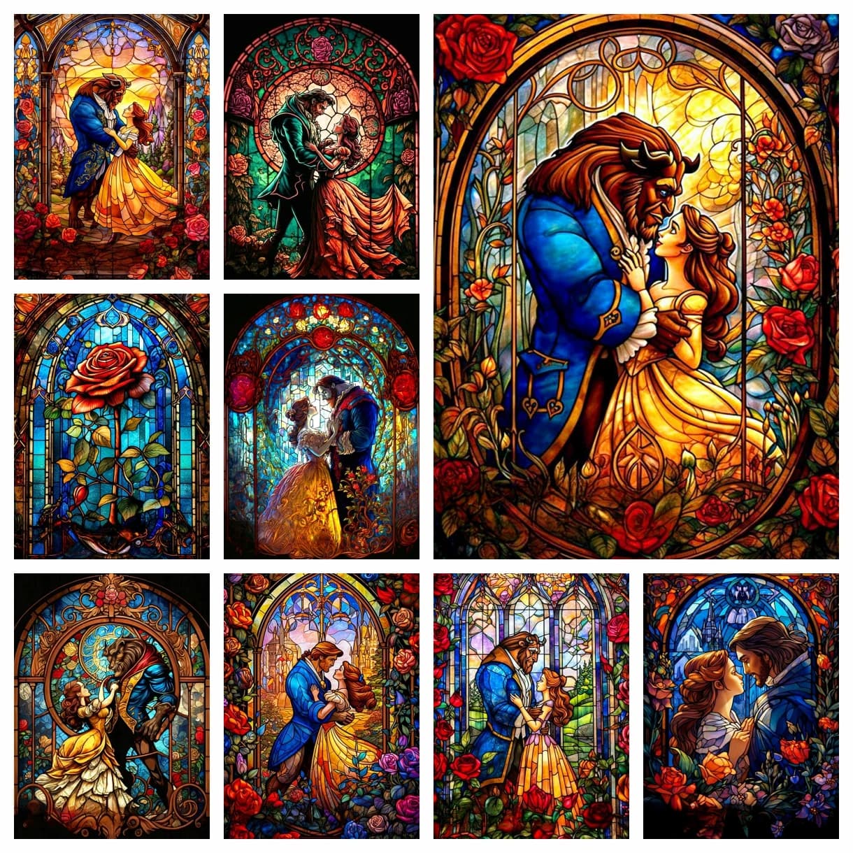 Dipinto Diamante 5D La Bella e la Bestia, Mosaico di Diamanti Rotondi, Ritratto con Rosa, Decorazione per la Casa, Regalo