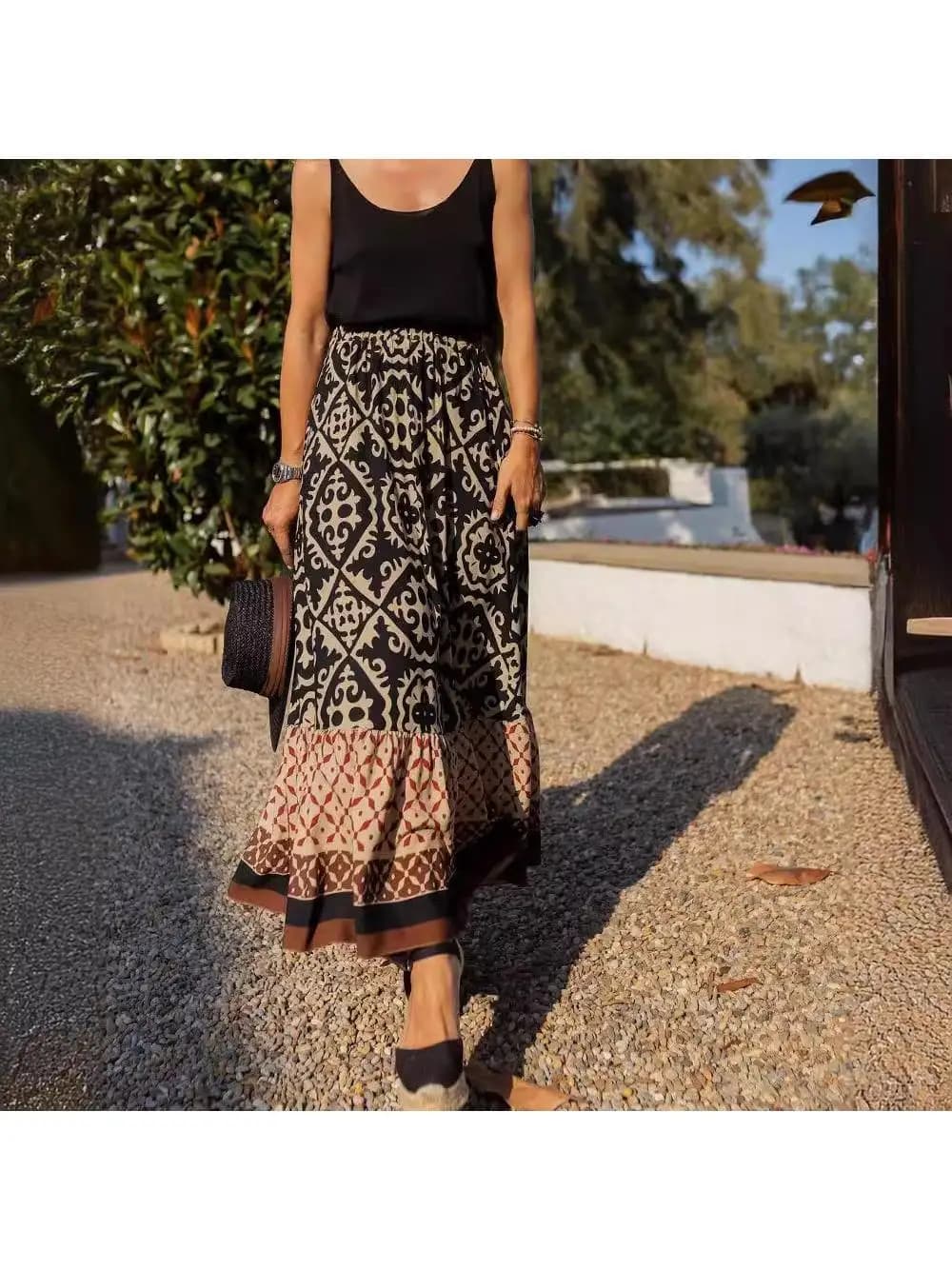 Loose Printed Half Skirt Women's Summer New Style Patchwork Flared Skirt Casual Commute Suitable for Middle-Aged PVC Polyeste...