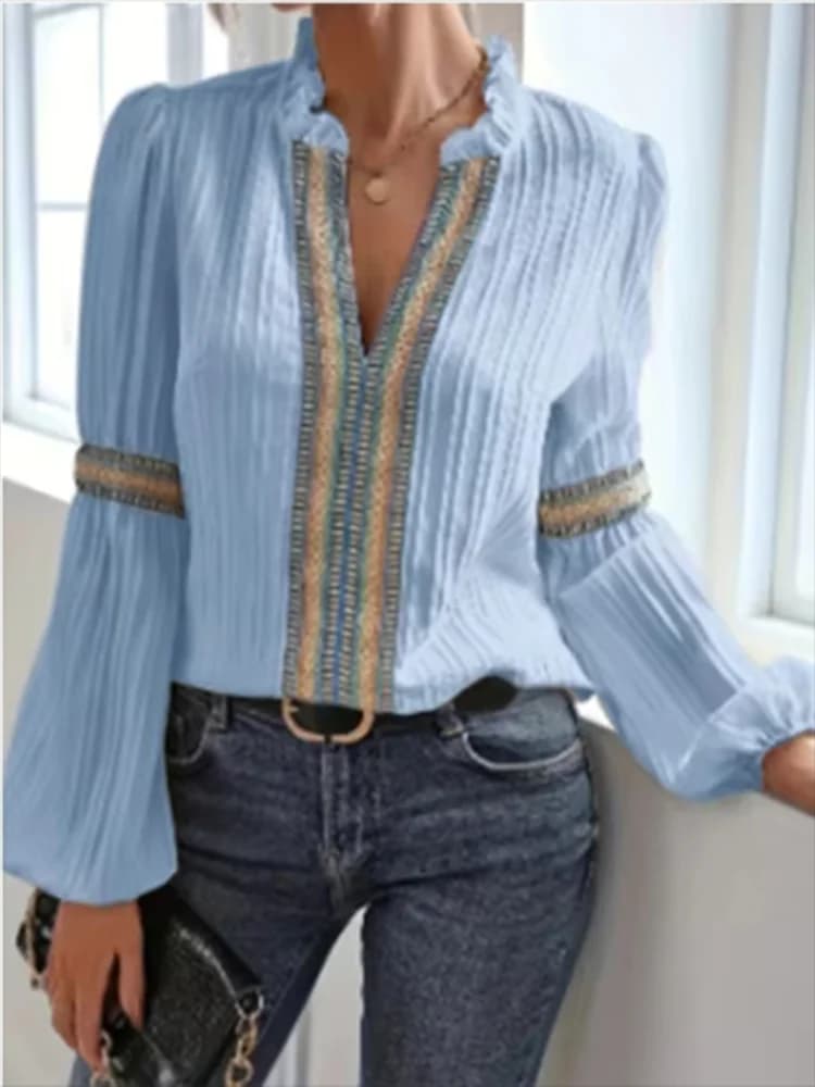 Camicetta Boho con Scollo a V Arricciato, Maniche Svasate e Bordi a Contrasto, Top Estivo Casual e Comodo per Donna