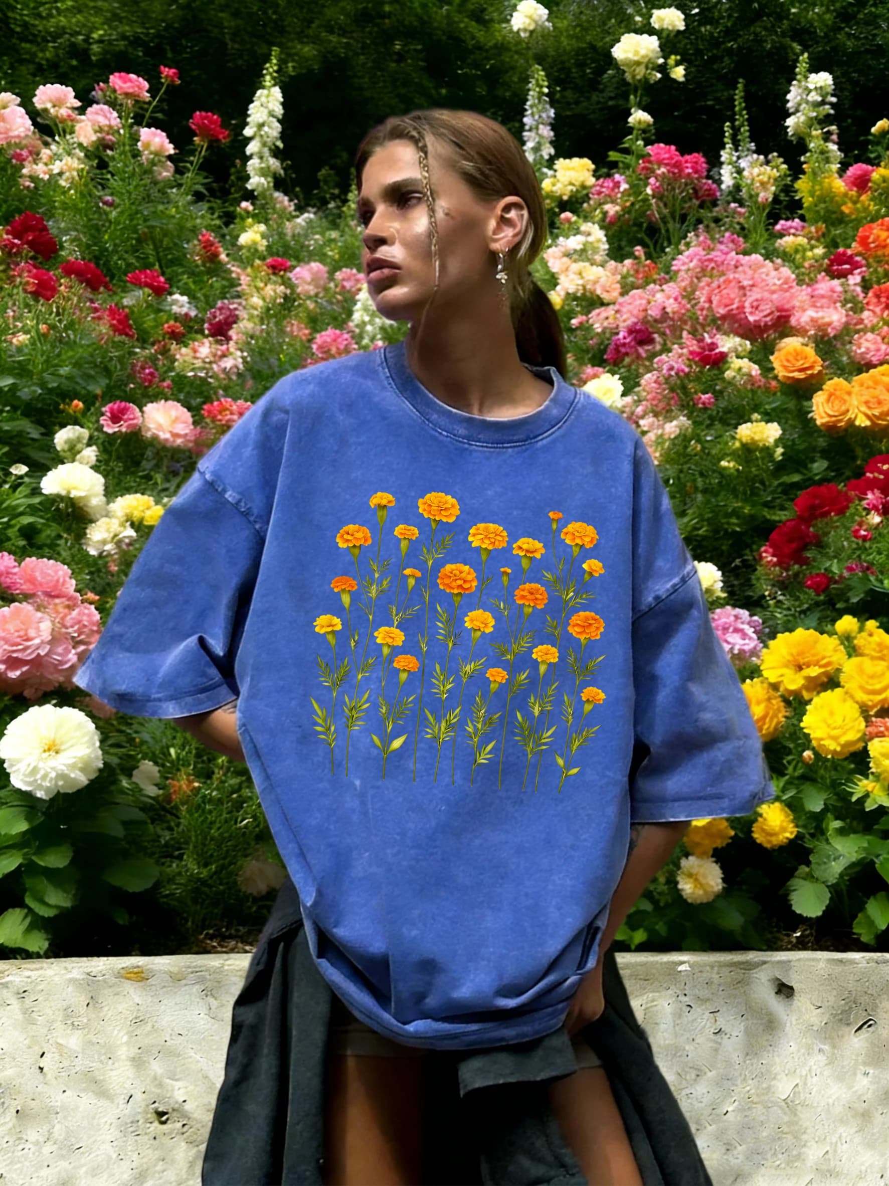 T-shirt Oversize da Donna Y2K in Cotone Lavato con Stampa Fresca Acquerello di Calendula, Traspirante, Estiva, Unisex, Abbigliamento Sportivo