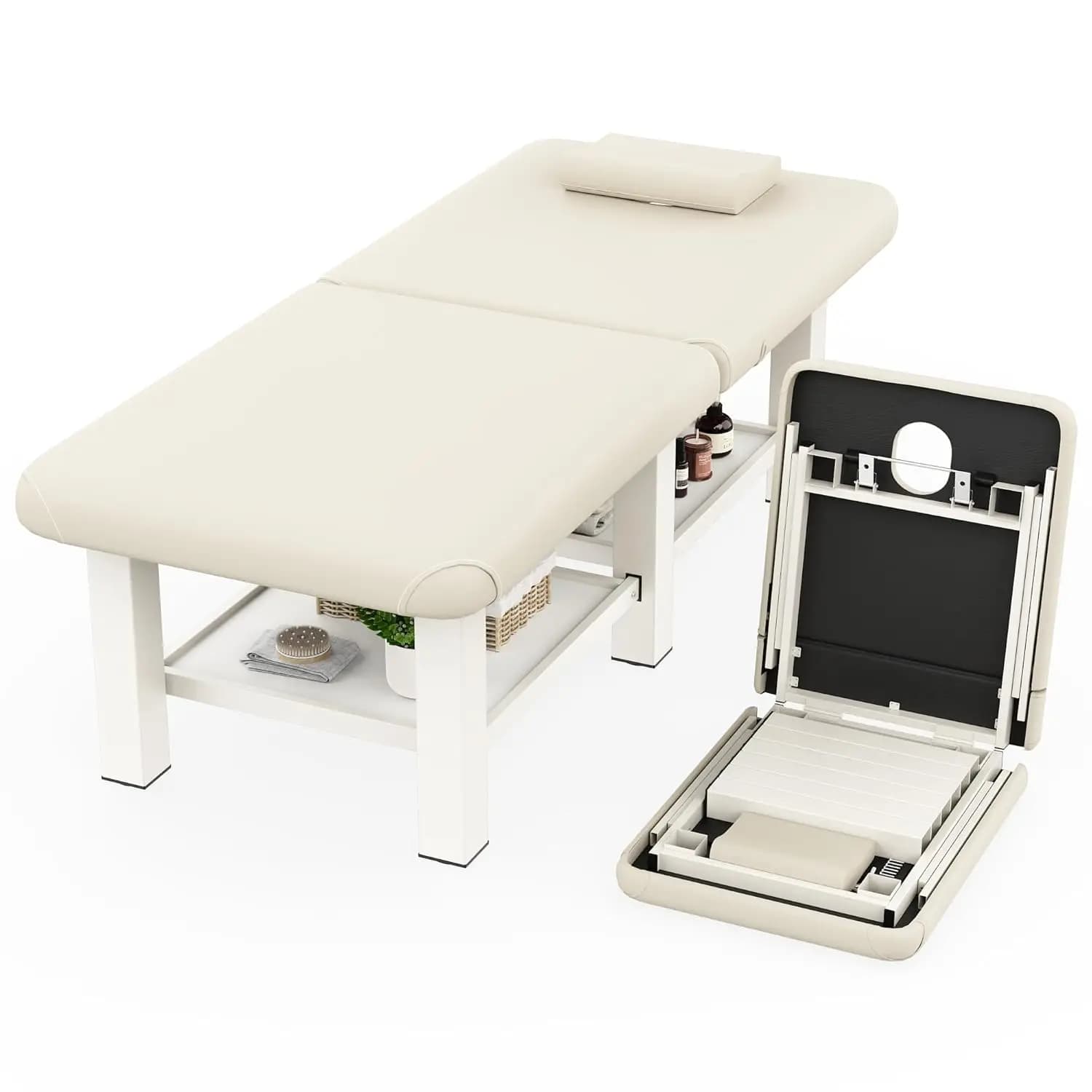 Lettino da Massaggio Pieghevole con Schienale e Vano Portaoggetti, 77x190cm, in Pelle PU con Telaio in Metallo a 6 Gambe, Lettino per Trattamenti Spa, Personalizzabile