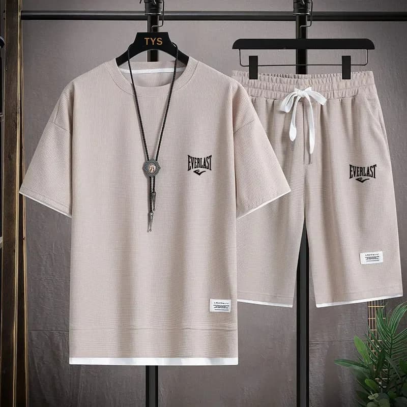 2026 Waffle Pattern 2 Piece Men Shorts Set Summer Tracksuit Men Fashion Clothing Harajuku Style Fashion Loose Fit Sweatsuit