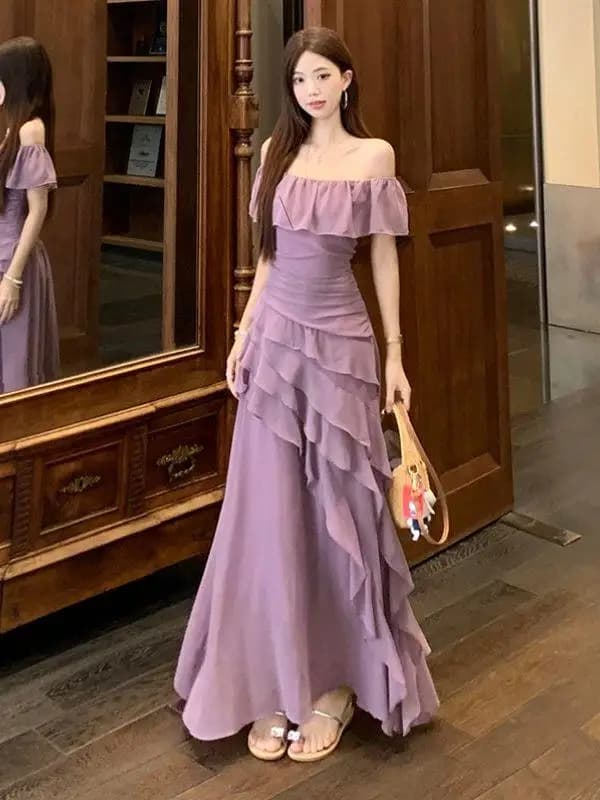 Summer New plus Size Women's Dress Purple Lace Trim One Shoulder Beautiful Skirt High Waist Loose Fit Casual Style Polyester ...